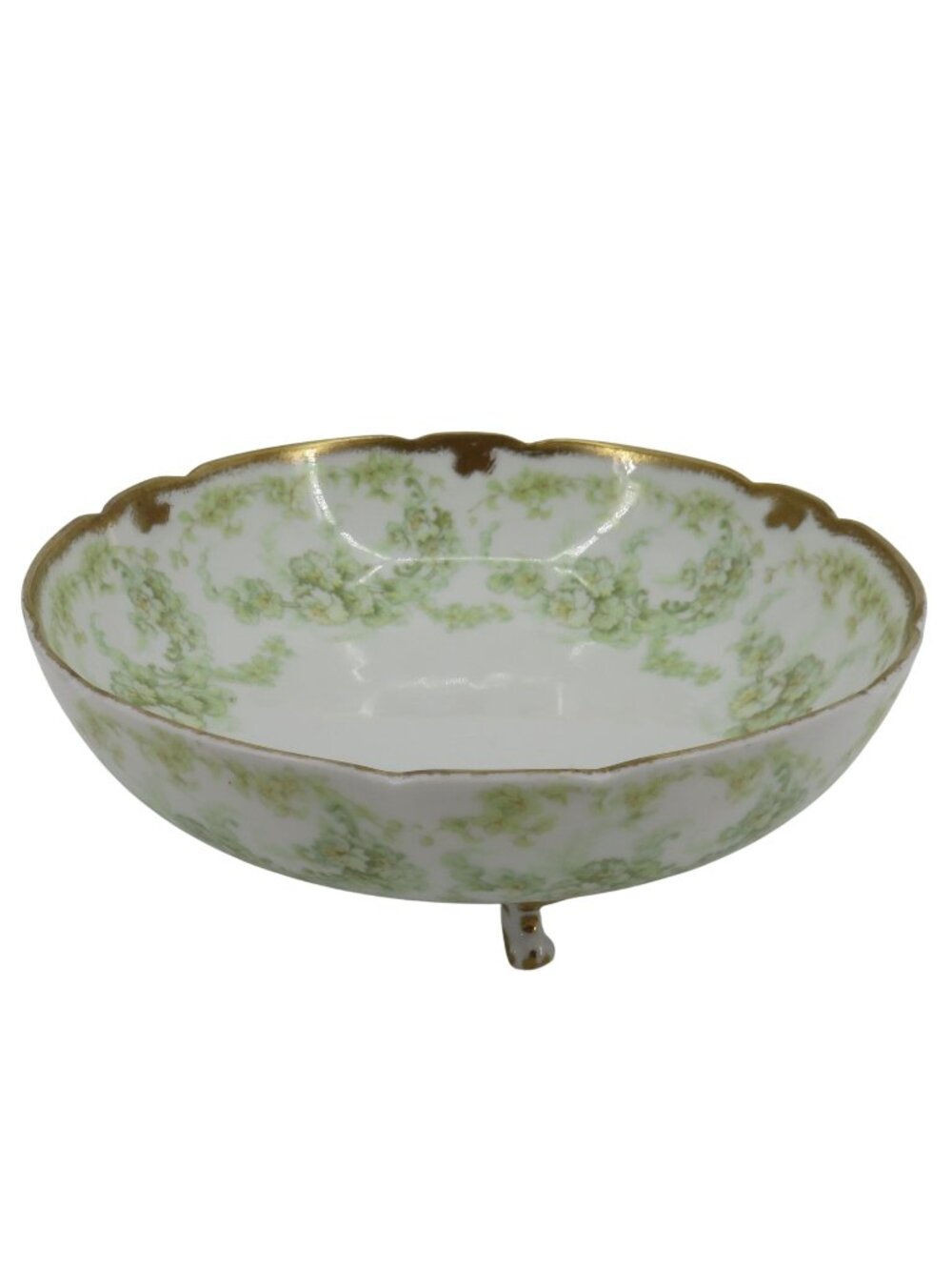 Elite Limoges France Green Flower Floral Swag Footed Bowl Antique French Serving